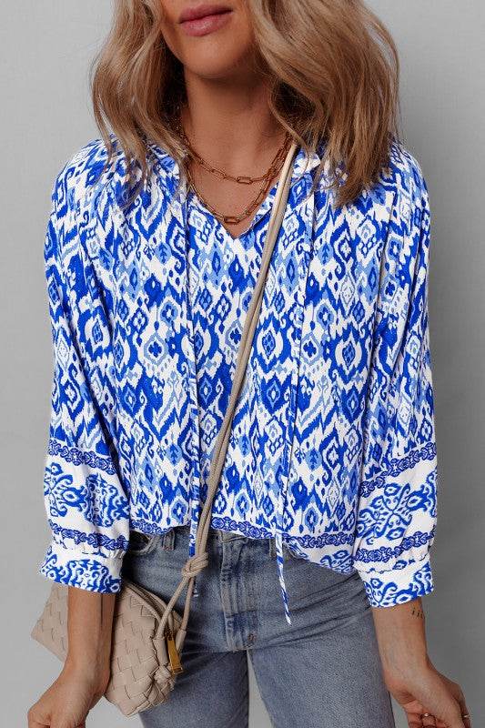 Blue Boho Printed 3/4 Sleeve Tied Neck Blouse - Shop Style & More | Fresh Looks, Everyday Deals & Free Shipping