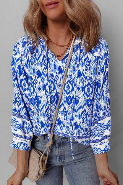 Blue Boho Printed 3/4 Sleeve Tied Neck Blouse - Shop Style & More | Fresh Looks, Everyday Deals & Free Shipping