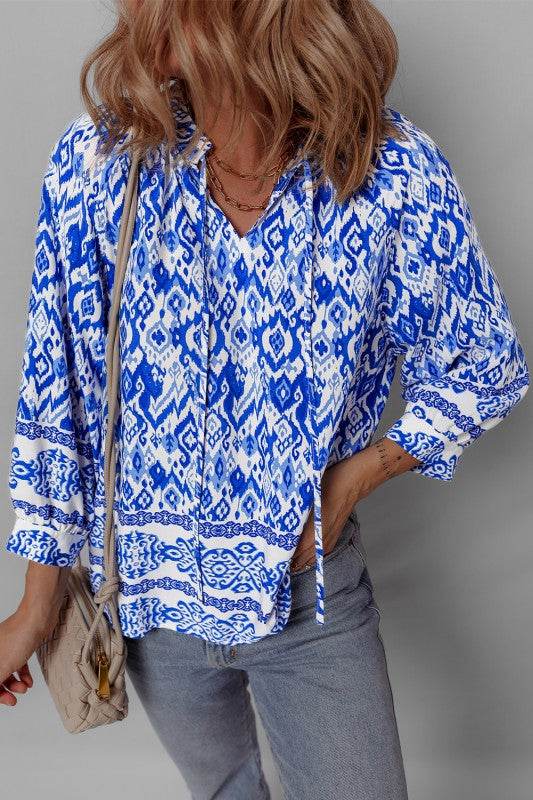 Blue Boho Printed 3/4 Sleeve Tied Neck Blouse - Shop Style & More | Fresh Looks, Everyday Deals & Free Shipping