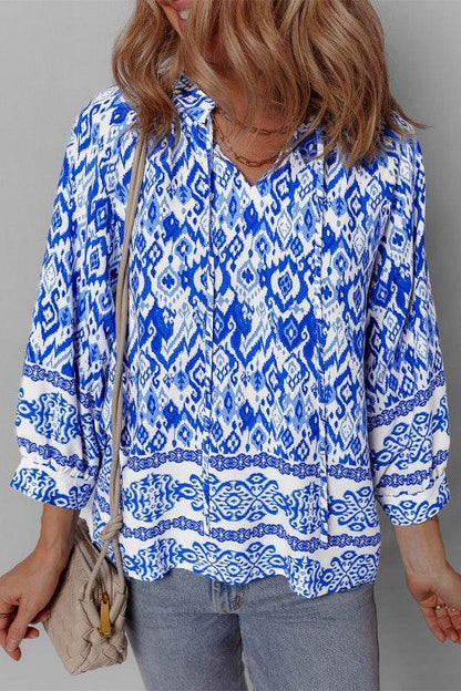 Blue Boho Printed 3/4 Sleeve Tied Neck Blouse - Shop Style & More | Fresh Looks, Everyday Deals & Free Shipping