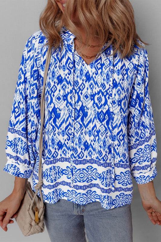Blue Boho Printed 3/4 Sleeve Tied Neck Blouse - Shop Style & More | Fresh Looks, Everyday Deals & Free Shipping