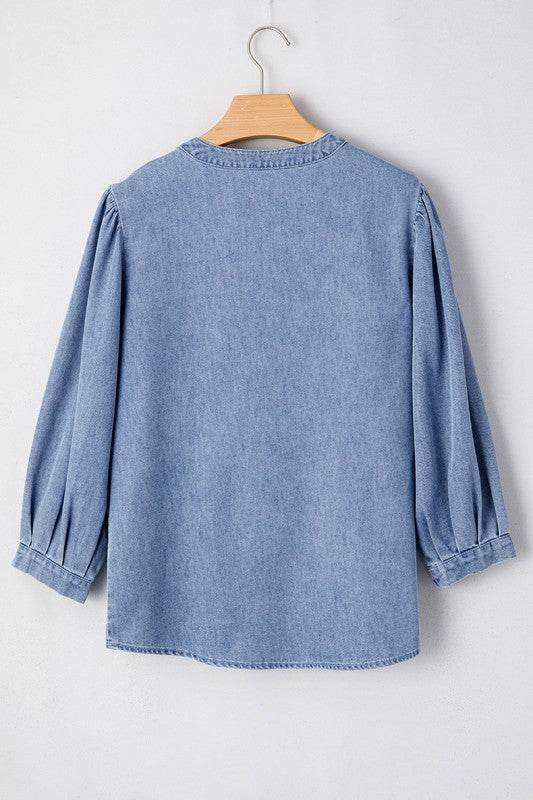 Denim Front Pintuck Bow Tie Puff Sleeve Top - Shop Style & More | Fresh Looks, Everyday Deals & Free Shipping