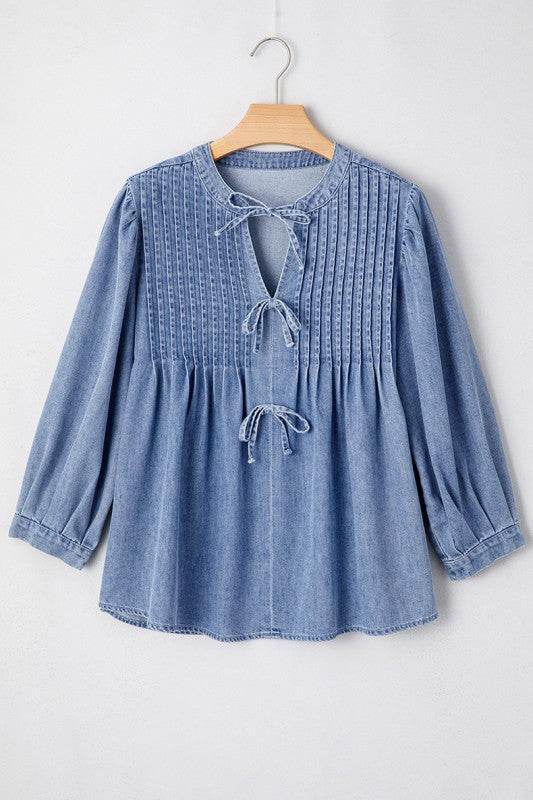 Denim Front Pintuck Bow Tie Puff Sleeve Top - Shop Style & More | Fresh Looks, Everyday Deals & Free Shipping