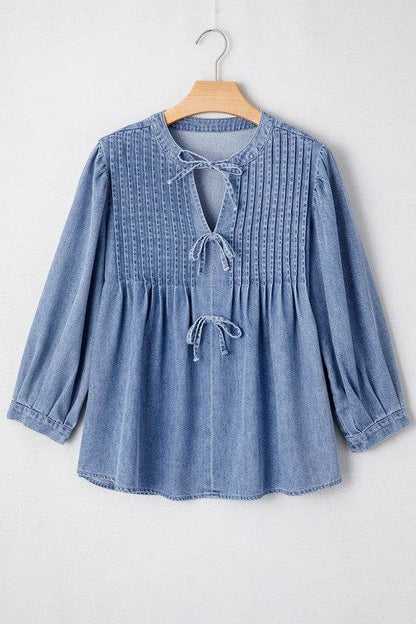 Denim Front Pintuck Bow Tie Puff Sleeve Top - Shop Style & More | Fresh Looks, Everyday Deals & Free Shipping