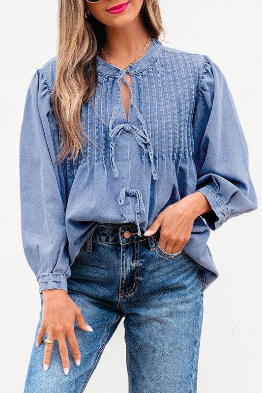Denim Front Pintuck Bow Tie Puff Sleeve Top - Shop Style & More | Fresh Looks, Everyday Deals & Free Shipping
