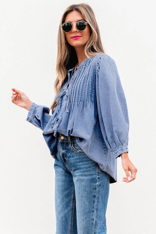 Denim Front Pintuck Bow Tie Puff Sleeve Top - Shop Style & More | Fresh Looks, Everyday Deals & Free Shipping