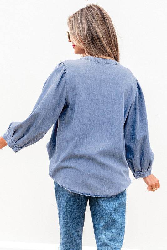 Denim Front Pintuck Bow Tie Puff Sleeve Top - Shop Style & More | Fresh Looks, Everyday Deals & Free Shipping