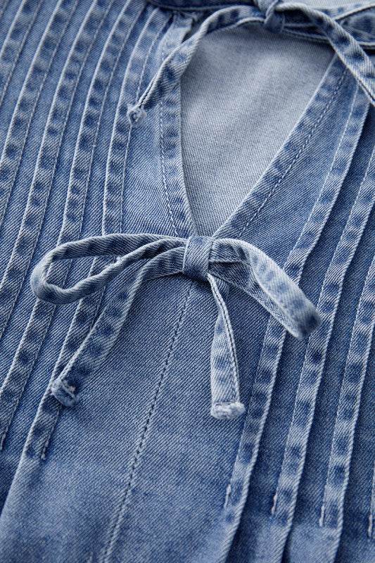 Denim Front Pintuck Bow Tie Puff Sleeve Top - Shop Style & More | Fresh Looks, Everyday Deals & Free Shipping