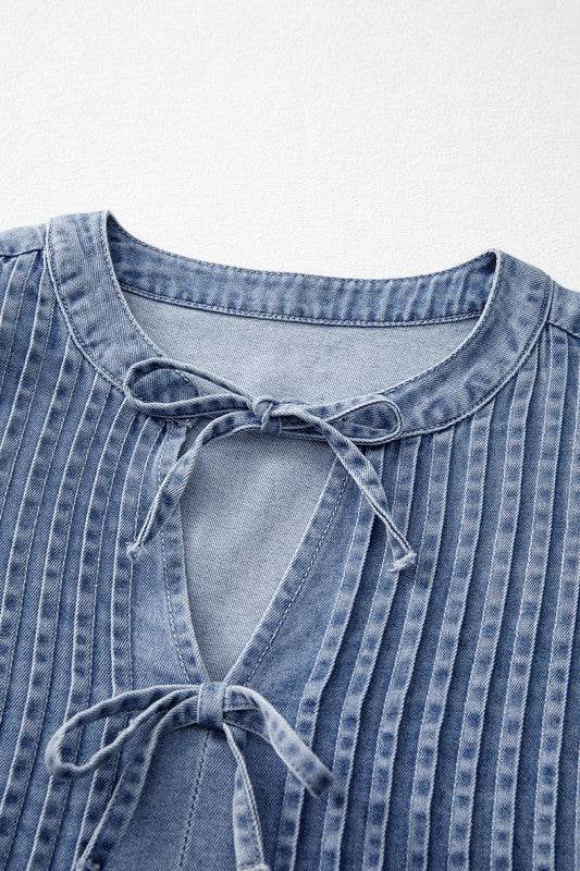 Denim Front Pintuck Bow Tie Puff Sleeve Top - Shop Style & More | Fresh Looks, Everyday Deals & Free Shipping