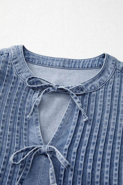 Denim Front Pintuck Bow Tie Puff Sleeve Top - Shop Style & More | Fresh Looks, Everyday Deals & Free Shipping