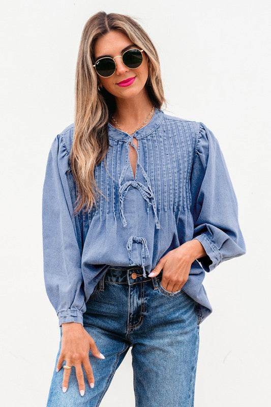 Denim Front Pintuck Bow Tie Puff Sleeve Top - Shop Style & More | Fresh Looks, Everyday Deals & Free Shipping