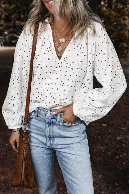 White Eyelet Embroidered Puff Sleeve V Neck Blouse - Shop Style & More | Fresh Looks, Everyday Deals & Free Shipping