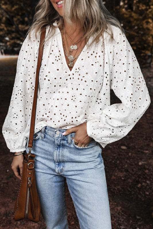 White Eyelet Embroidered Puff Sleeve V Neck Blouse - Shop Style & More | Fresh Looks, Everyday Deals & Free Shipping