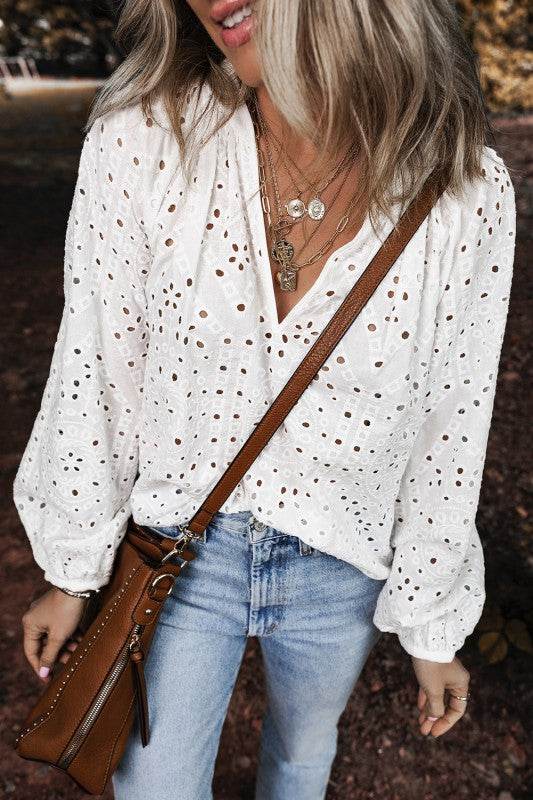 White Eyelet Embroidered Puff Sleeve V Neck Blouse - Shop Style & More | Fresh Looks, Everyday Deals & Free Shipping