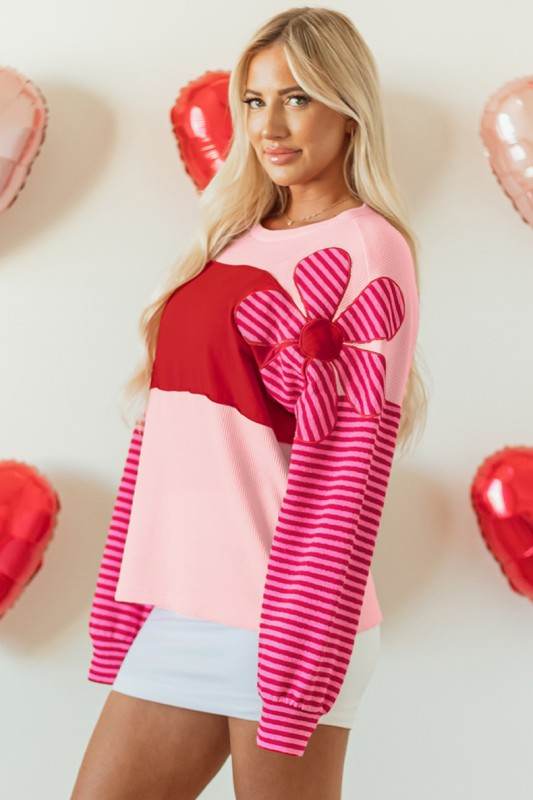 Floral Patch Striped Sleeve Textured Top - Shop Style & More | Fresh Looks, Everyday Deals & Free Shipping