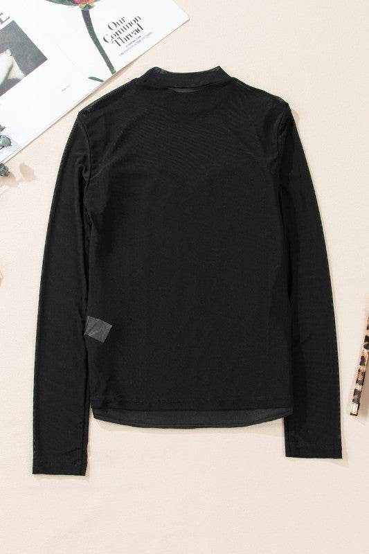 Black Sequin Velvet Sheer Mesh Mock Neck Blouse - Shop Style & More | Fresh Looks, Everyday Deals & Free Shipping