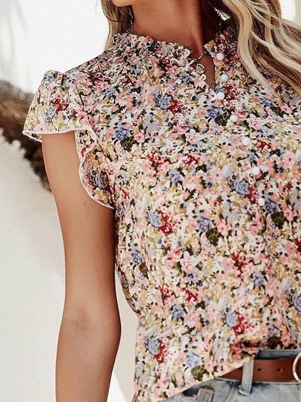 Red Boho Floral Frilled Button Neck Ruffle Blouse - Shop Style & More | Fresh Looks, Everyday Deals & Free Shipping