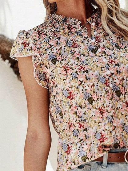 Red Boho Floral Frilled Button Neck Ruffle Blouse - Shop Style & More | Fresh Looks, Everyday Deals & Free Shipping