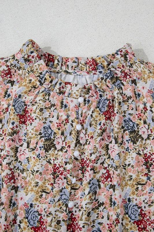 Red Boho Floral Frilled Button Neck Ruffle Blouse - Shop Style & More | Fresh Looks, Everyday Deals & Free Shipping