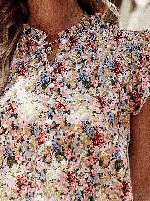 Red Boho Floral Frilled Button Neck Ruffle Blouse - Shop Style & More | Fresh Looks, Everyday Deals & Free Shipping