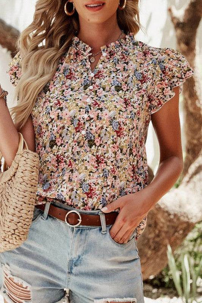 Red Boho Floral Frilled Button Neck Ruffle Blouse - Shop Style & More | Fresh Looks, Everyday Deals & Free Shipping