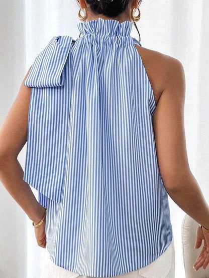 Blue Striped Frill Neck Tie Knot Sleeveless Top - Shop Style & More | Fresh Looks, Everyday Deals & Free Shipping