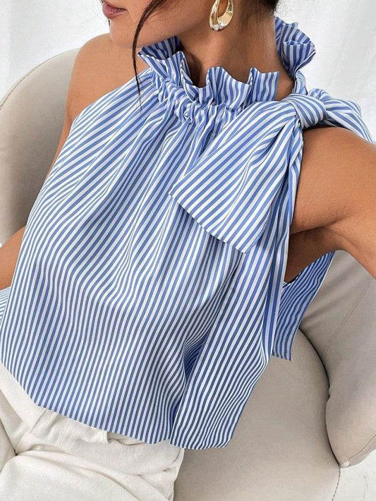Blue Striped Frill Neck Tie Knot Sleeveless Top - Shop Style & More | Fresh Looks, Everyday Deals & Free Shipping
