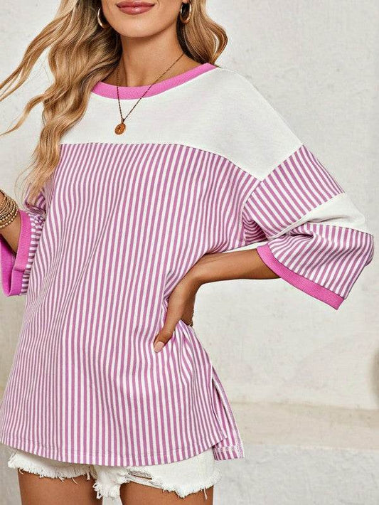 Cotton Stripe Color Block Half Quarter Sleeve Top - Shop Style & More | Fresh Looks, Everyday Deals & Free Shipping