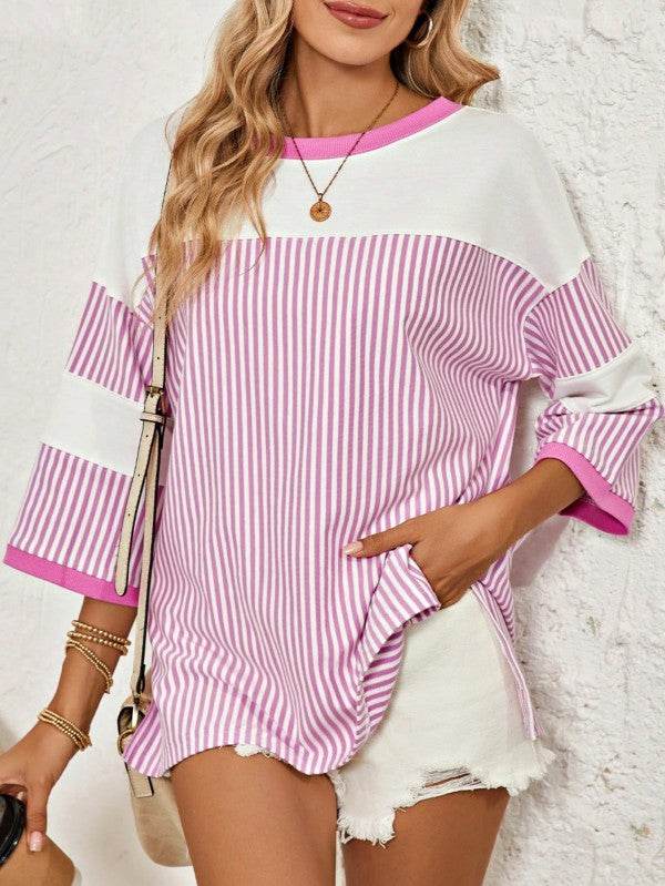 Cotton Stripe Color Block Half Quarter Sleeve Top - Shop Style & More | Fresh Looks, Everyday Deals & Free Shipping