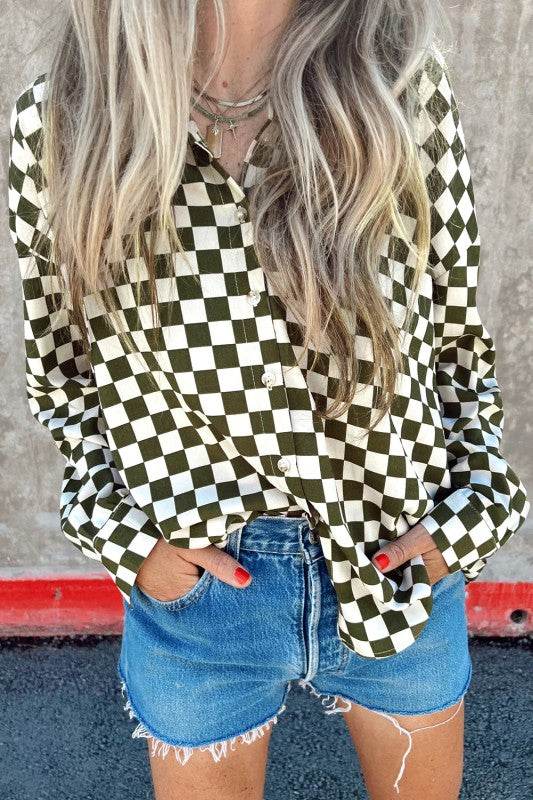 Checkerboard Drop Shoulder Loose Casual Blouse - Shop Style & More | Fresh Looks, Everyday Deals & Free Shipping