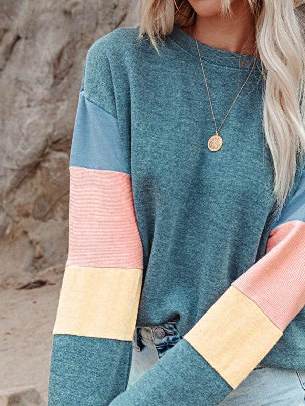 Cotton Casual Color Block Drop Sleeve Sweatshirt - Shop Style & More | Fresh Looks, Everyday Deals & Free Shipping