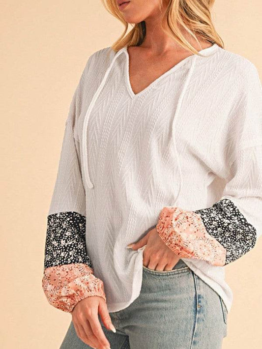 Floral Patchwork Cable Texture Drawstring V Top - Shop Style & More | Fresh Looks, Everyday Deals & Free Shipping