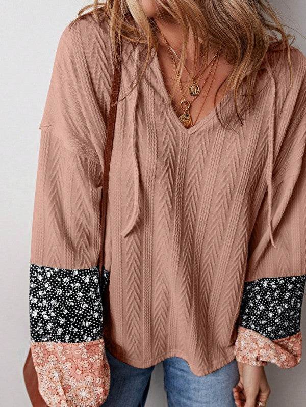Floral Patchwork Cable Texture Drawstring V Top - Shop Style & More | Fresh Looks, Everyday Deals & Free Shipping