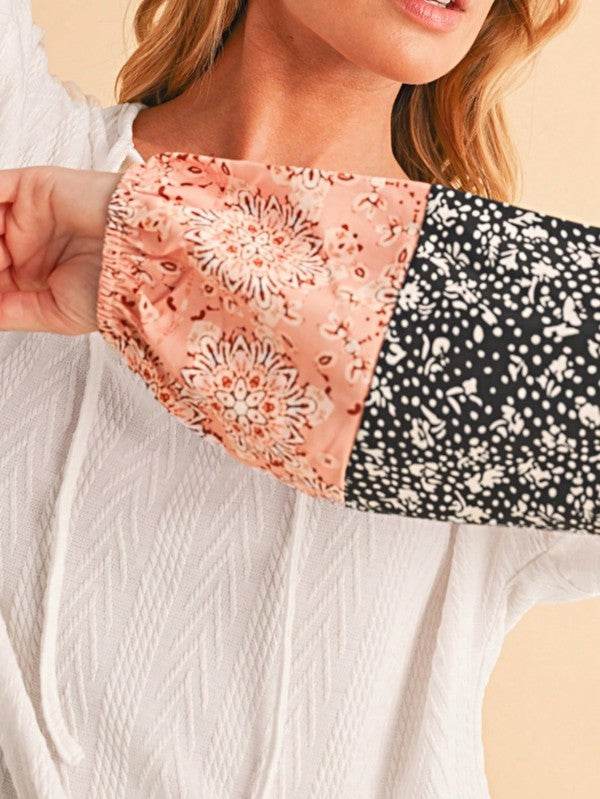 Floral Patchwork Cable Texture Drawstring V Top - Shop Style & More | Fresh Looks, Everyday Deals & Free Shipping