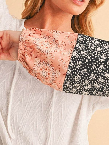 Floral Patchwork Cable Texture Drawstring V Top - Shop Style & More | Fresh Looks, Everyday Deals & Free Shipping