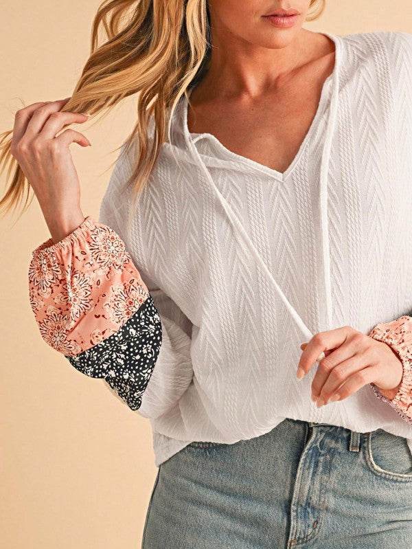 Floral Patchwork Cable Texture Drawstring V Top - Shop Style & More | Fresh Looks, Everyday Deals & Free Shipping