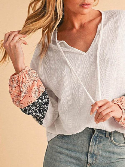 Floral Patchwork Cable Texture Drawstring V Top - Shop Style & More | Fresh Looks, Everyday Deals & Free Shipping