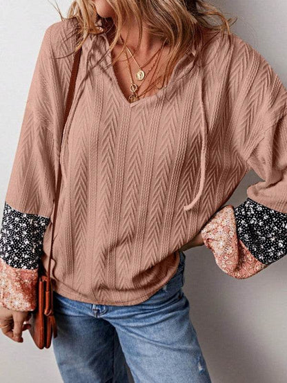 Floral Patchwork Cable Texture Drawstring V Top - Shop Style & More | Fresh Looks, Everyday Deals & Free Shipping