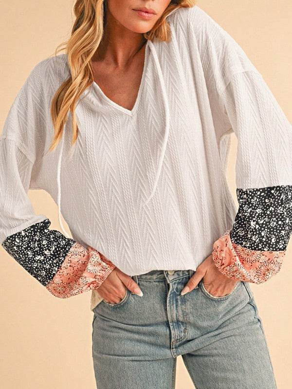 Floral Patchwork Cable Texture Drawstring V Top - Shop Style & More | Fresh Looks, Everyday Deals & Free Shipping