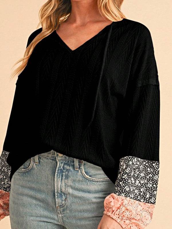 Floral Patchwork Cable Texture Drawstring V Top - Shop Style & More | Fresh Looks, Everyday Deals & Free Shipping
