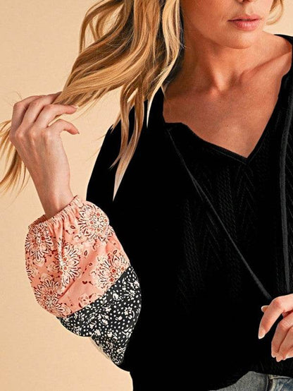 Floral Patchwork Cable Texture Drawstring V Top - Shop Style & More | Fresh Looks, Everyday Deals & Free Shipping