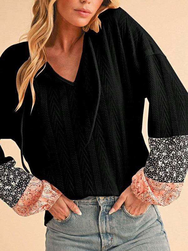 Floral Patchwork Cable Texture Drawstring V Top - Shop Style & More | Fresh Looks, Everyday Deals & Free Shipping