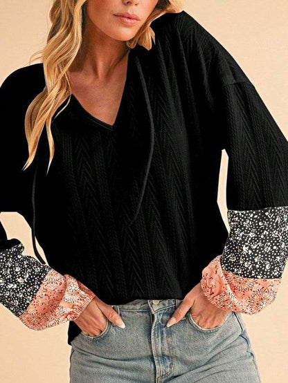 Floral Patchwork Cable Texture Drawstring V Top - Shop Style & More | Fresh Looks, Everyday Deals & Free Shipping