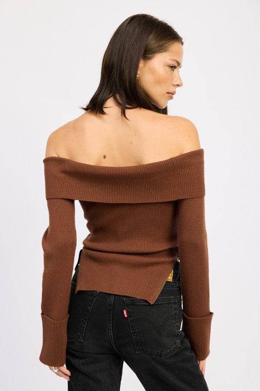 RIBBED OFF SHOULDER SWEATER WITH ZIPPER - Shop Style & More | Fresh Looks, Everyday Deals & Free Shipping