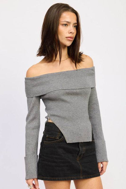 RIBBED OFF SHOULDER SWEATER WITH ZIPPER - Shop Style & More | Fresh Looks, Everyday Deals & Free Shipping