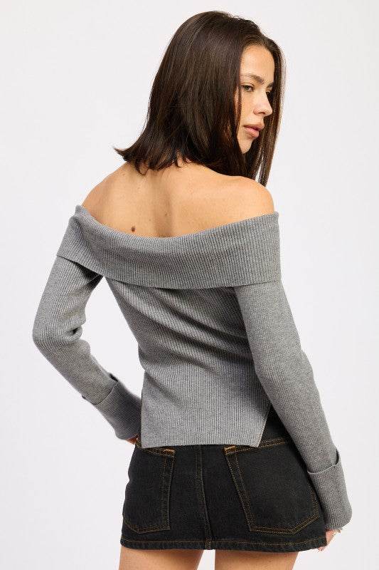 RIBBED OFF SHOULDER SWEATER WITH ZIPPER - Shop Style & More | Fresh Looks, Everyday Deals & Free Shipping
