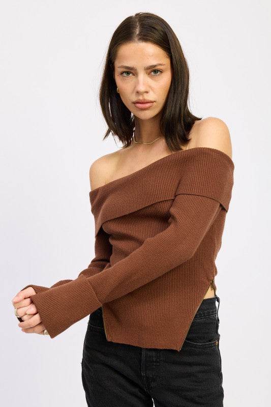 RIBBED OFF SHOULDER SWEATER WITH ZIPPER - Shop Style & More | Fresh Looks, Everyday Deals & Free Shipping
