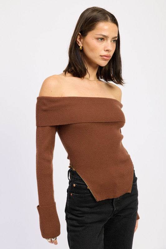 RIBBED OFF SHOULDER SWEATER WITH ZIPPER - Shop Style & More | Fresh Looks, Everyday Deals & Free Shipping