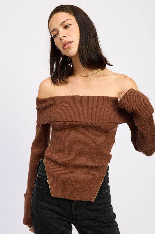 RIBBED OFF SHOULDER SWEATER WITH ZIPPER - Shop Style & More | Fresh Looks, Everyday Deals & Free Shipping