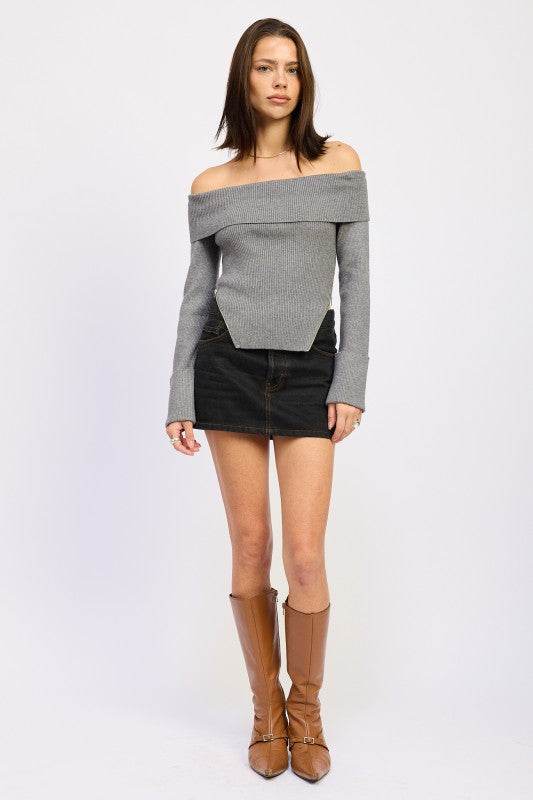 RIBBED OFF SHOULDER SWEATER WITH ZIPPER - Shop Style & More | Fresh Looks, Everyday Deals & Free Shipping
